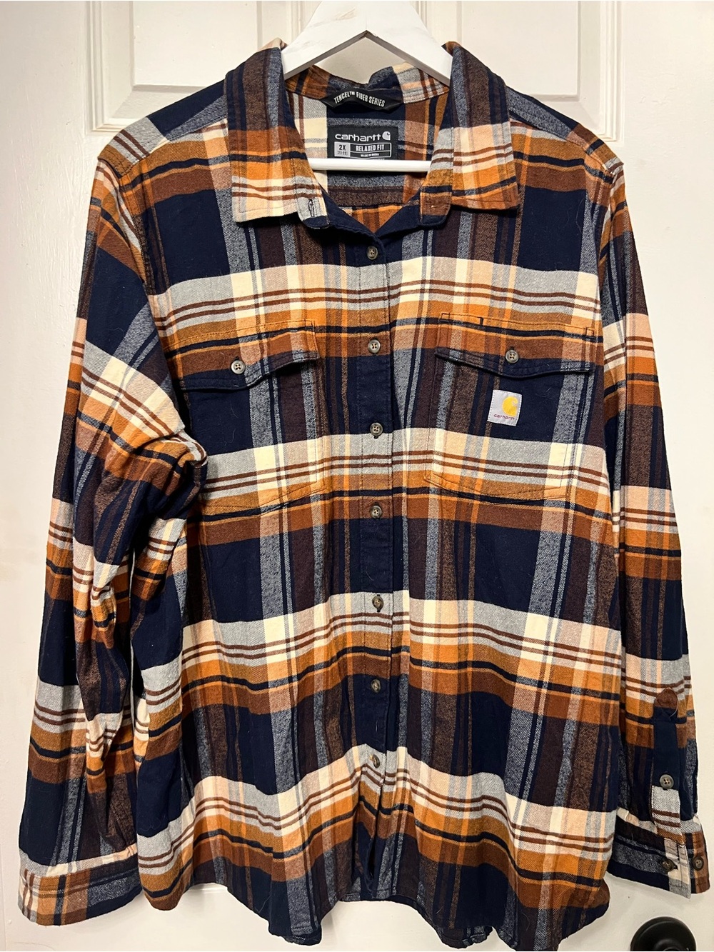 Carhartt Women’s Navy, Brown & Cream Plaid Button-Down Shirt